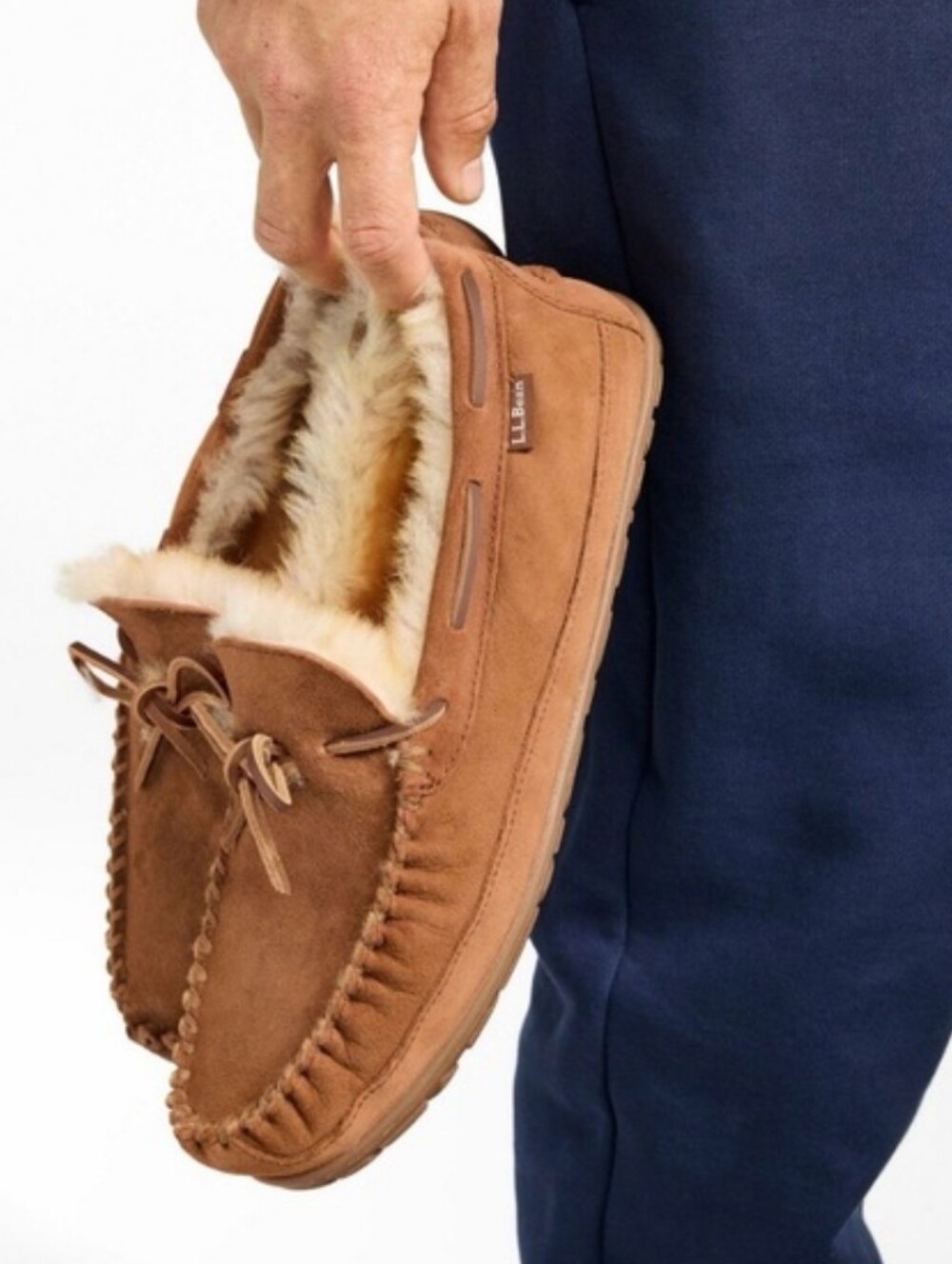 L.L. Bean Men's Brown Suede Shearling-Lined Moccasin Slippers Size 13